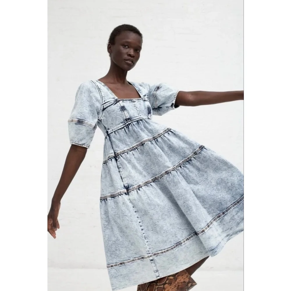 Ulla Johnson Denim Blue Jeans Dress Washed Out Acid Size 8 Square Neck $510 - Picture 1 of 13